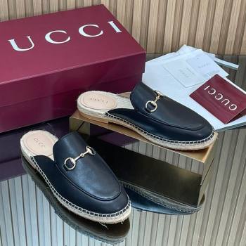 Gucci Calf Leather Flat Espadrille Mules with Horsebit Black 2025 GG121805 (MD-251218124)