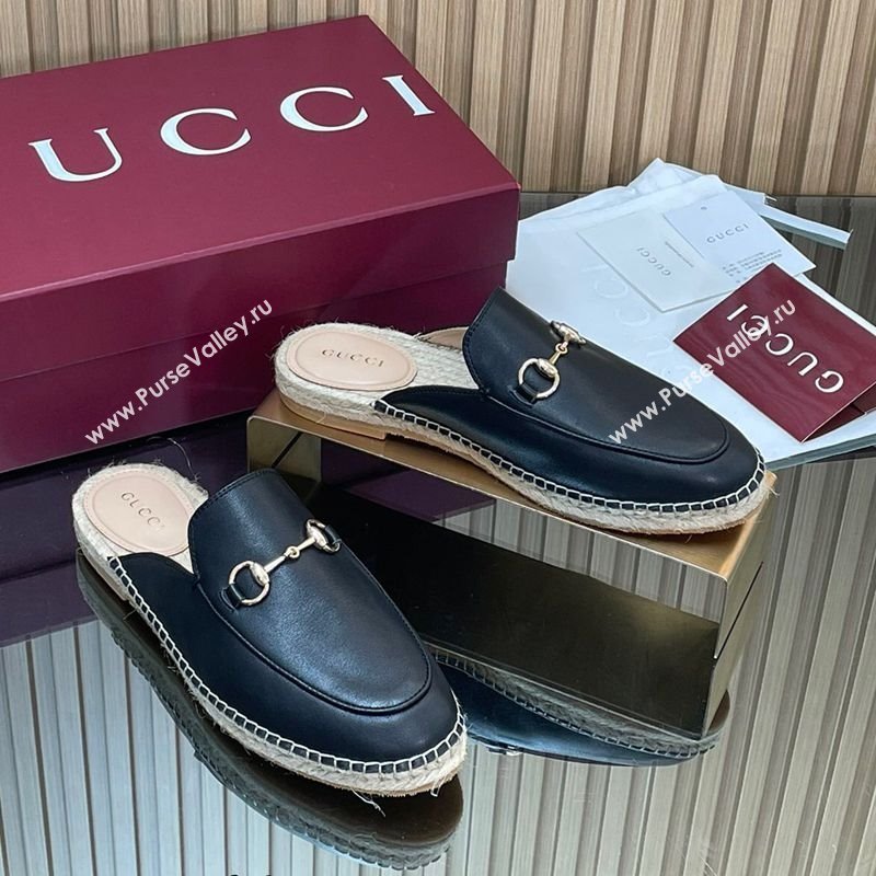 Gucci Calf Leather Flat Espadrille Mules with Horsebit Black 2025 GG121805 (MD-251218124)