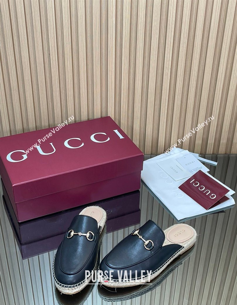 Gucci Calf Leather Flat Espadrille Mules with Horsebit Black 2025 GG121805 (MD-251218124)