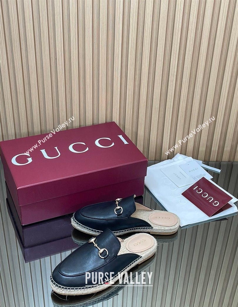 Gucci Calf Leather Flat Espadrille Mules with Horsebit Black 2025 GG121805 (MD-251218124)