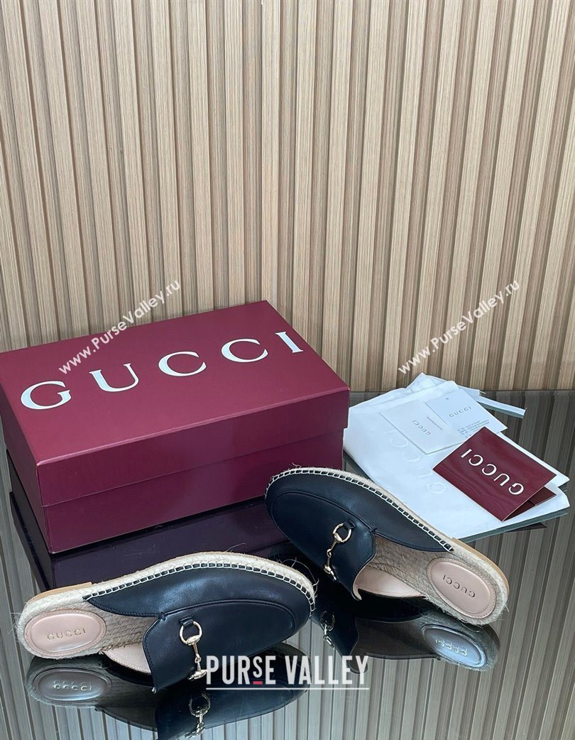 Gucci Calf Leather Flat Espadrille Mules with Horsebit Black 2025 GG121805 (MD-251218124)