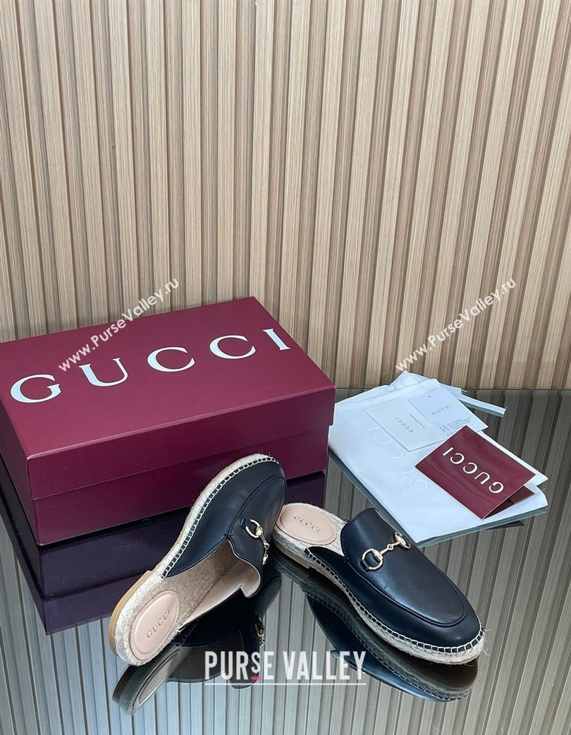 Gucci Calf Leather Flat Espadrille Mules with Horsebit Black 2025 GG121805 (MD-251218124)