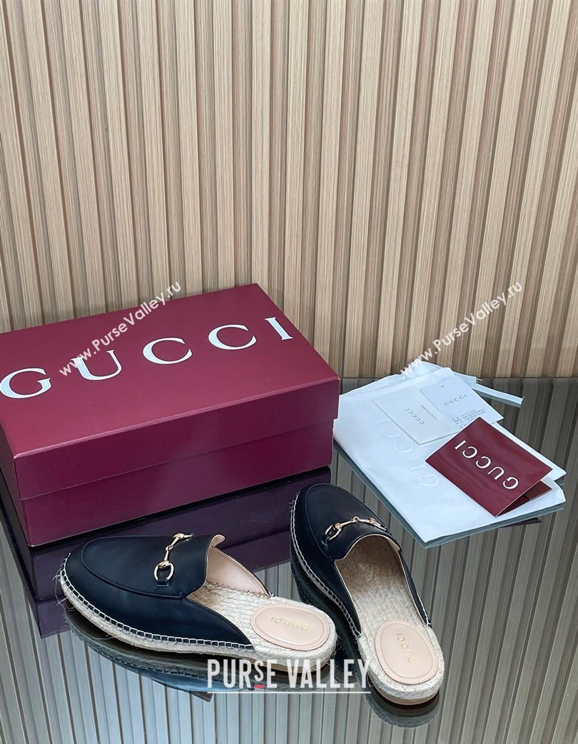 Gucci Calf Leather Flat Espadrille Mules with Horsebit Black 2025 GG121805 (MD-251218124)