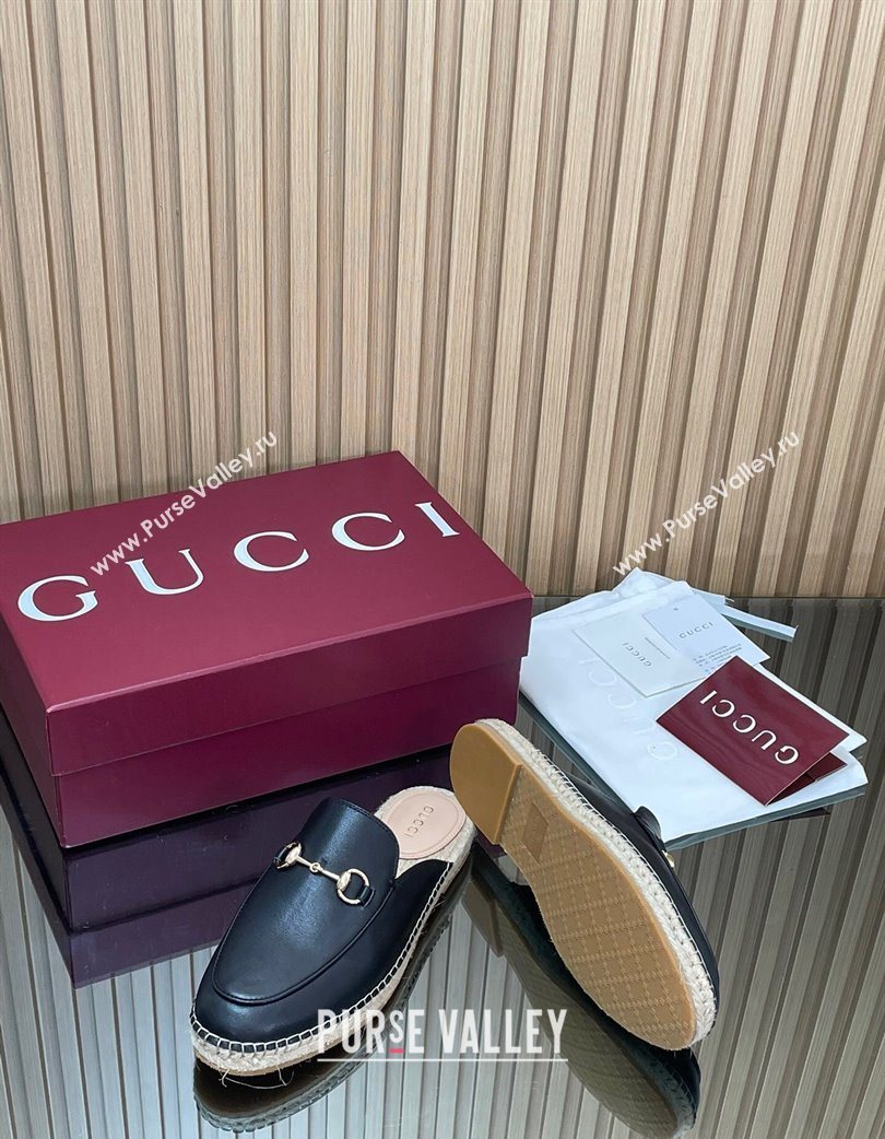 Gucci Calf Leather Flat Espadrille Mules with Horsebit Black 2025 GG121805 (MD-251218124)