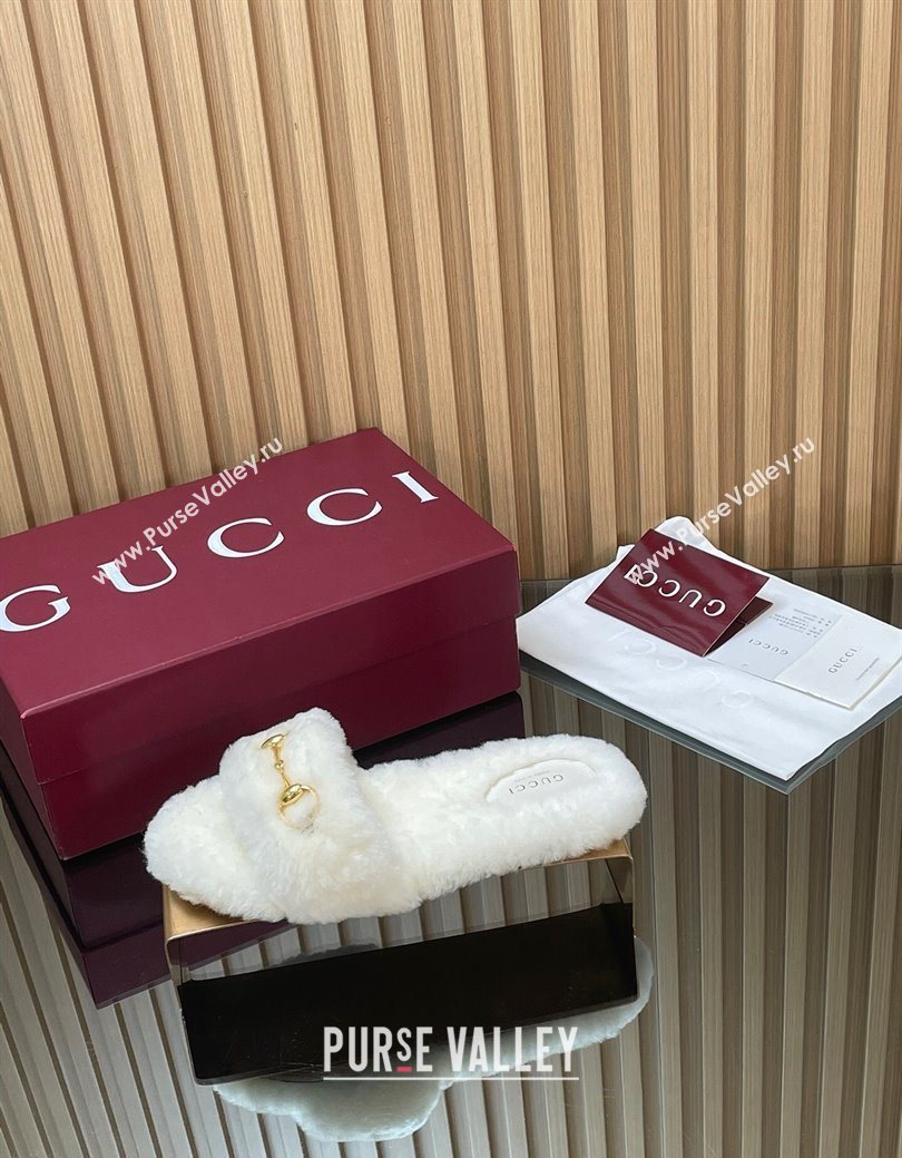 Gucci Merino Wool Flat Slides Sandal with Horsebit White 2025 852385 (SS-251217092)