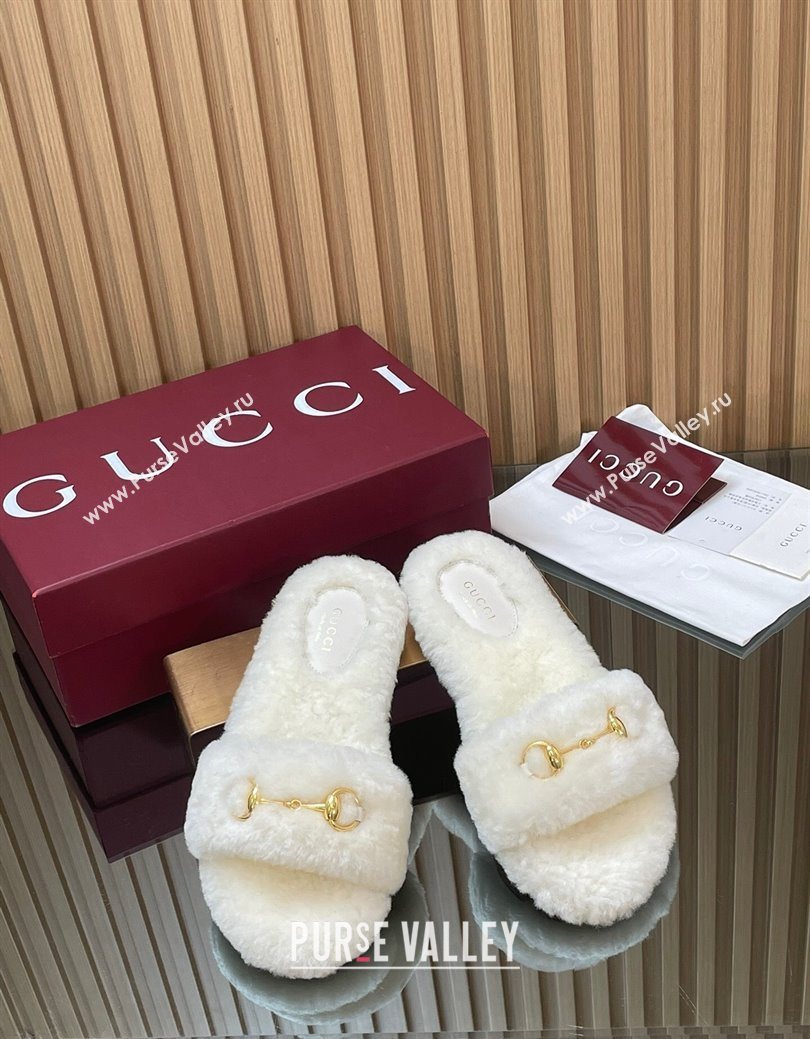 Gucci Merino Wool Flat Slides Sandal with Horsebit White 2025 852385 (SS-251217092)