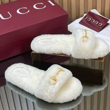 Gucci Merino Wool Flat Slides Sandal with Horsebit White 2025 852385 (SS-251217092)