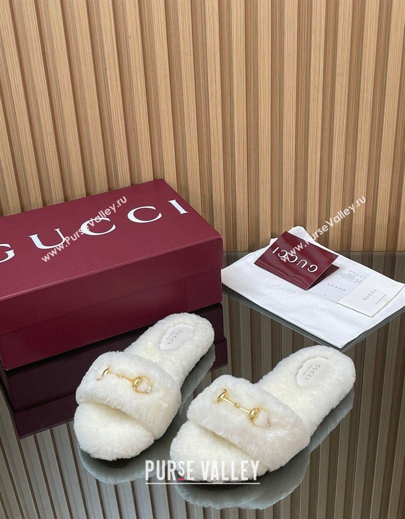 Gucci Merino Wool Flat Slides Sandal with Horsebit White 2025 852385 (SS-251217092)