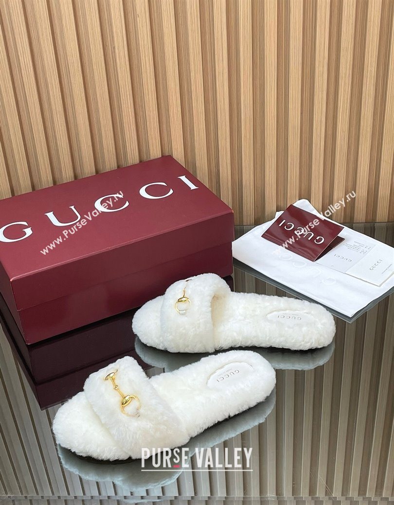 Gucci Merino Wool Flat Slides Sandal with Horsebit White 2025 852385 (SS-251217092)