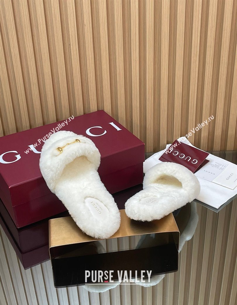 Gucci Merino Wool Flat Slides Sandal with Horsebit White 2025 852385 (SS-251217092)