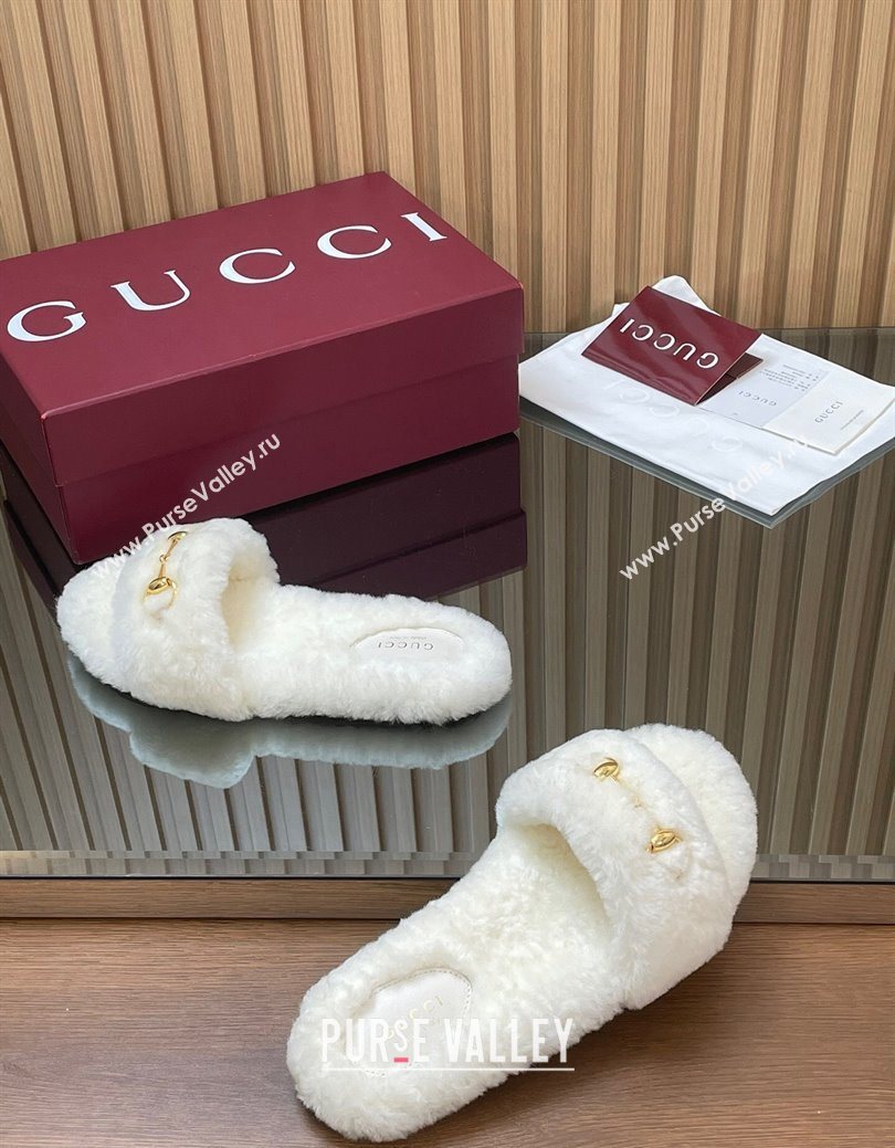 Gucci Merino Wool Flat Slides Sandal with Horsebit White 2025 852385 (SS-251217092)