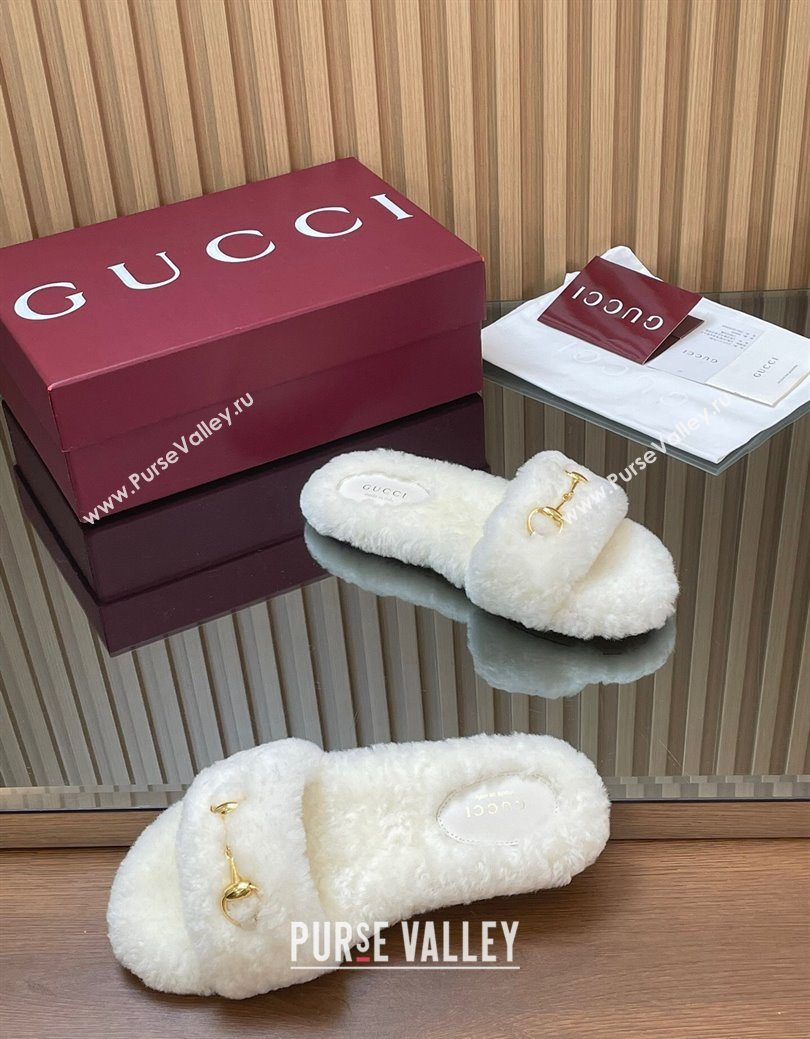 Gucci Merino Wool Flat Slides Sandal with Horsebit White 2025 852385 (SS-251217092)