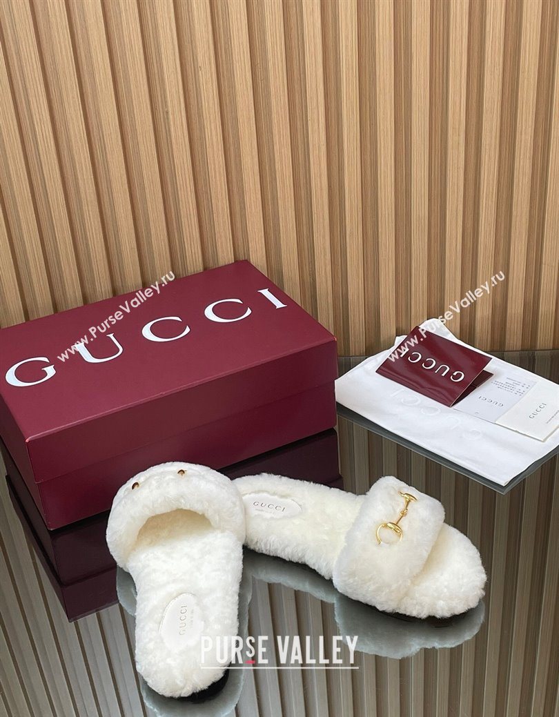 Gucci Merino Wool Flat Slides Sandal with Horsebit White 2025 852385 (SS-251217092)