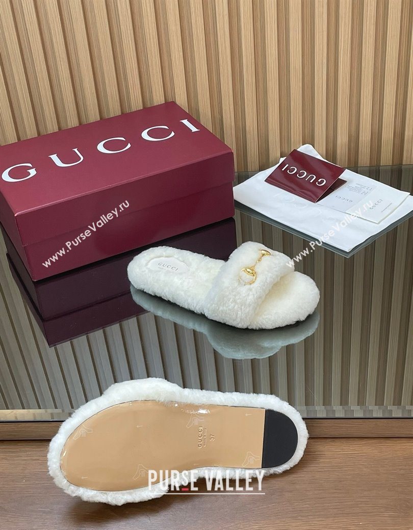 Gucci Merino Wool Flat Slides Sandal with Horsebit White 2025 852385 (SS-251217092)