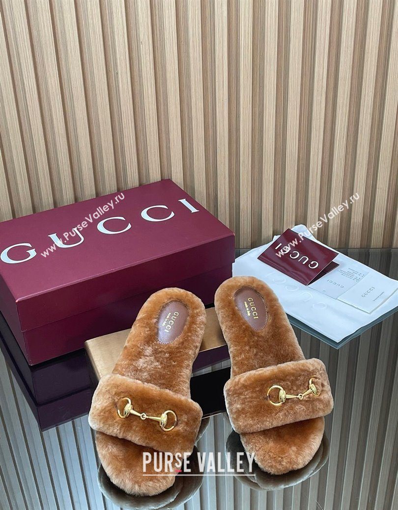 Gucci Merino Wool Flat Slides Sandal with Horsebit Brown 2025 852385 (SS-251217093)