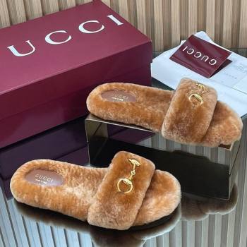 Gucci Merino Wool Flat Slides Sandal with Horsebit Brown 2025 852385 (SS-251217093)