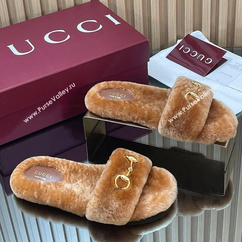Gucci Merino Wool Flat Slides Sandal with Horsebit Brown 2025 852385 (SS-251217093)