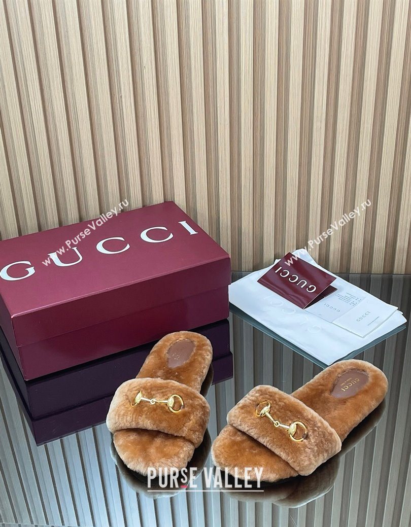 Gucci Merino Wool Flat Slides Sandal with Horsebit Brown 2025 852385 (SS-251217093)