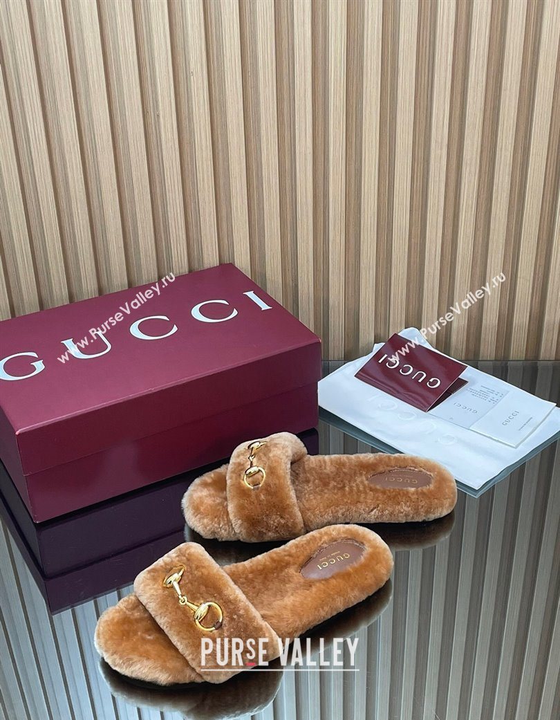 Gucci Merino Wool Flat Slides Sandal with Horsebit Brown 2025 852385 (SS-251217093)