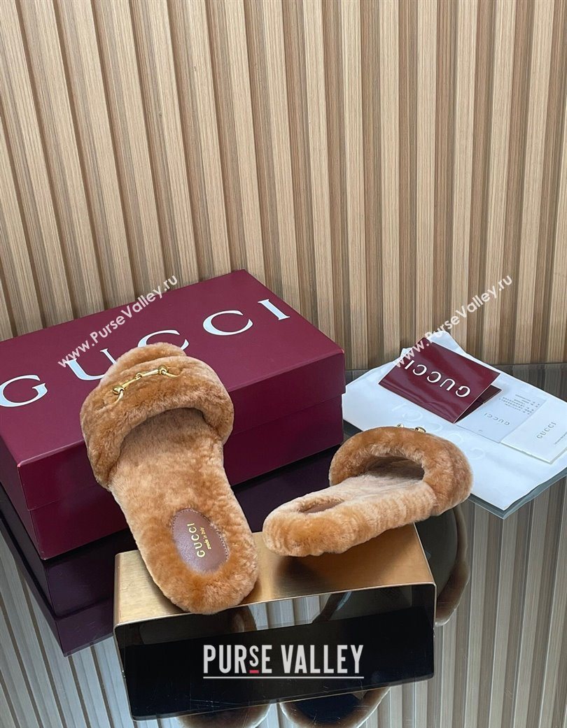 Gucci Merino Wool Flat Slides Sandal with Horsebit Brown 2025 852385 (SS-251217093)