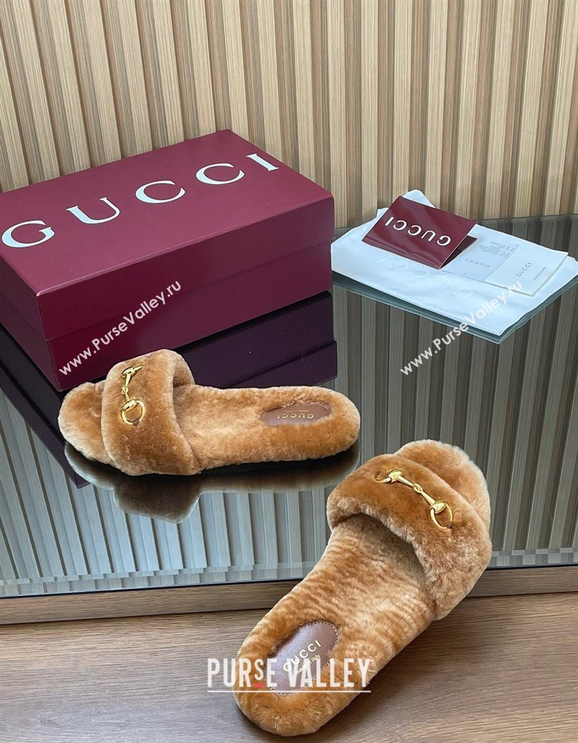 Gucci Merino Wool Flat Slides Sandal with Horsebit Brown 2025 852385 (SS-251217093)