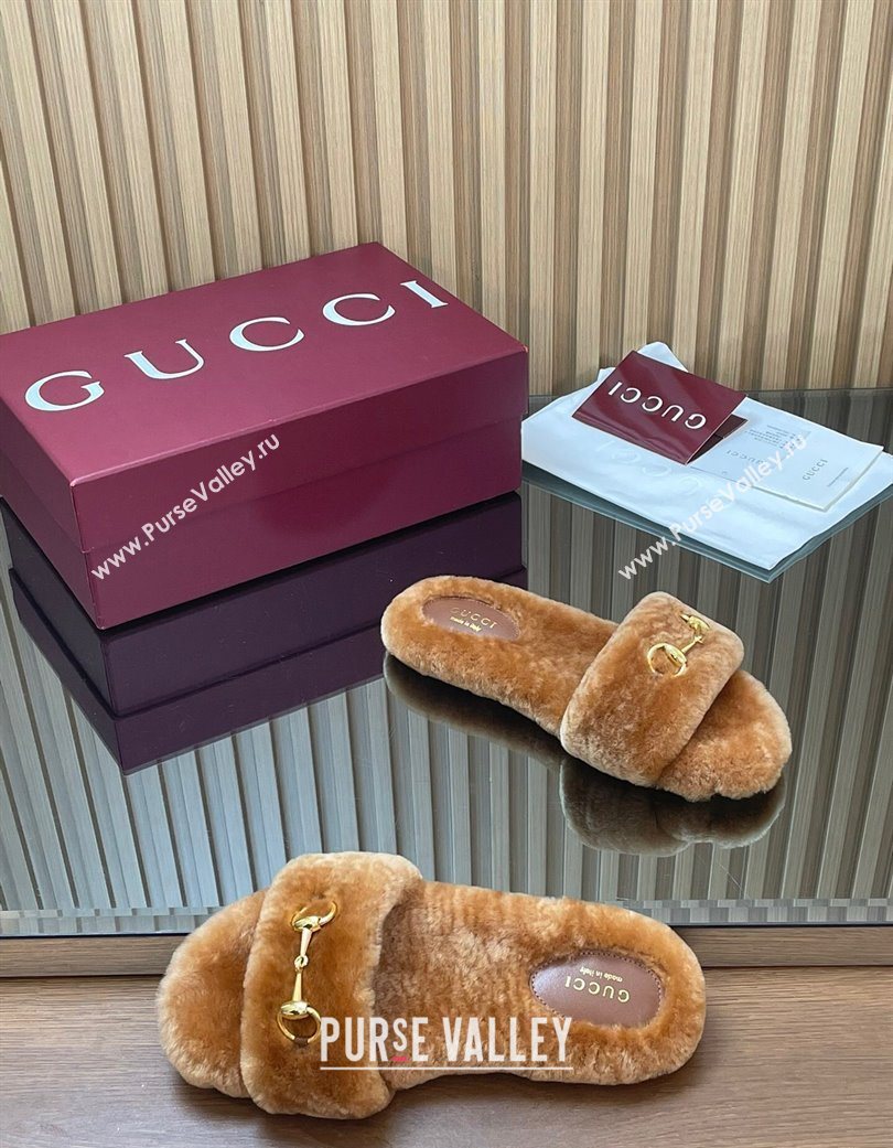 Gucci Merino Wool Flat Slides Sandal with Horsebit Brown 2025 852385 (SS-251217093)