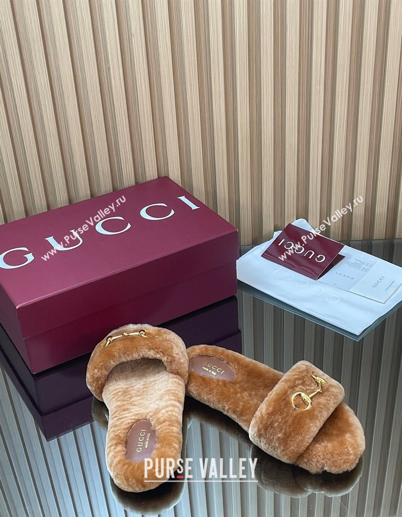 Gucci Merino Wool Flat Slides Sandal with Horsebit Brown 2025 852385 (SS-251217093)