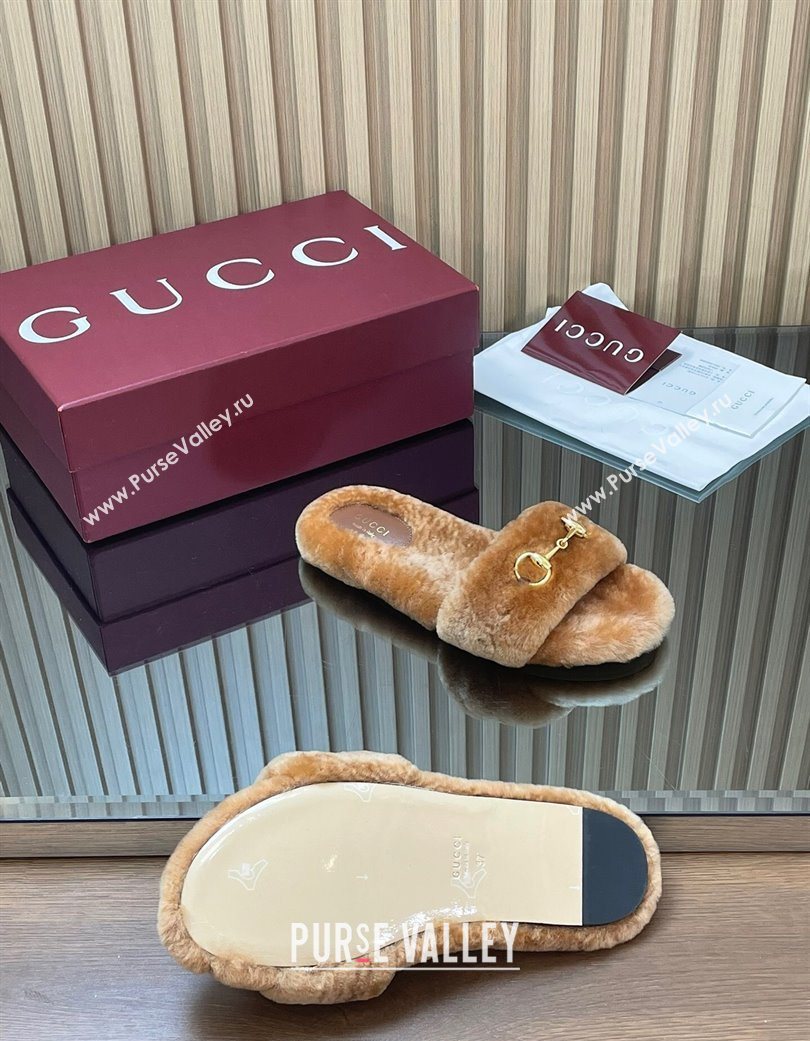 Gucci Merino Wool Flat Slides Sandal with Horsebit Brown 2025 852385 (SS-251217093)