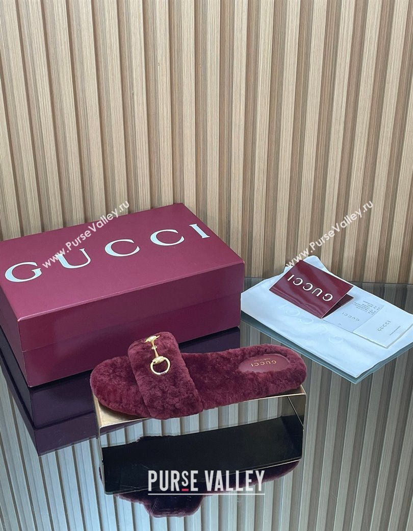 Gucci Merino Wool Flat Slides Sandal with Horsebit Dark Burgundy 2025 852385 (SS-251217094)