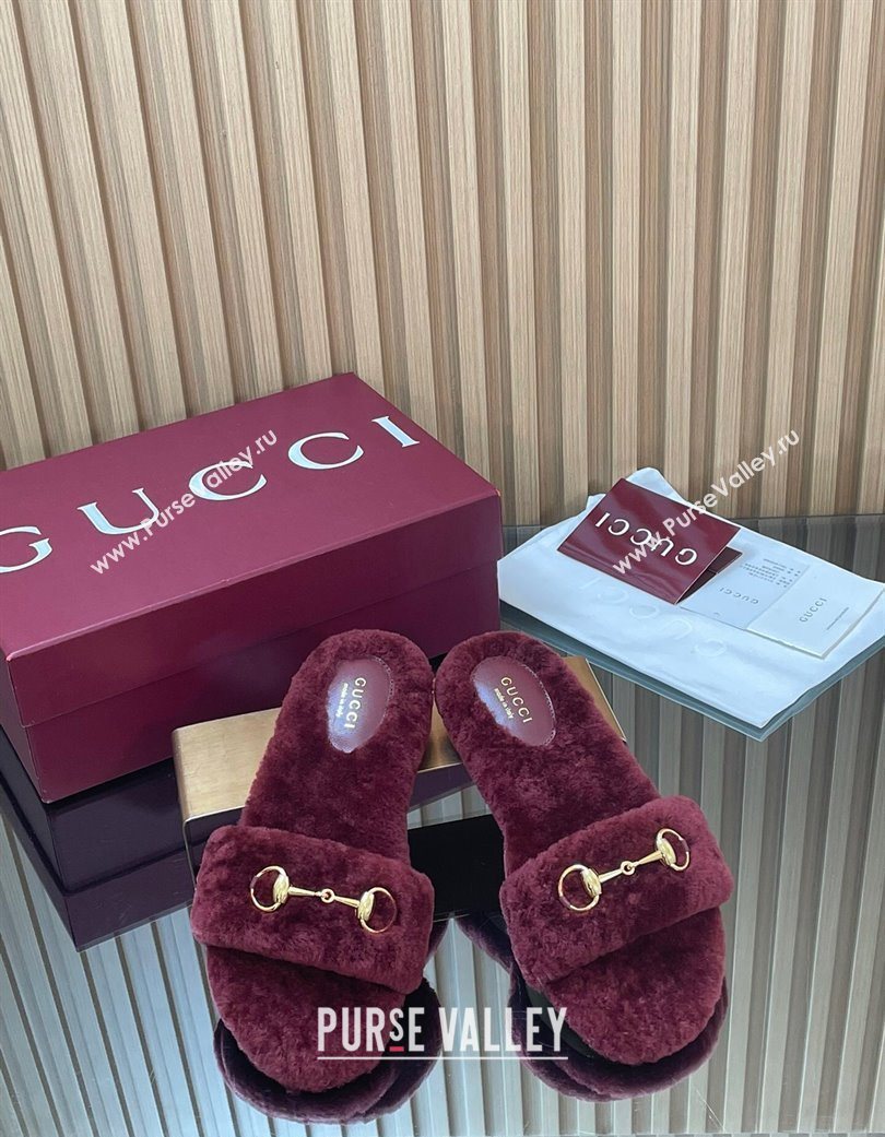 Gucci Merino Wool Flat Slides Sandal with Horsebit Dark Burgundy 2025 852385 (SS-251217094)