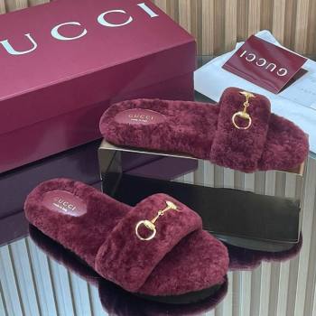 Gucci Merino Wool Flat Slides Sandal with Horsebit Dark Burgundy 2025 852385 (SS-251217094)