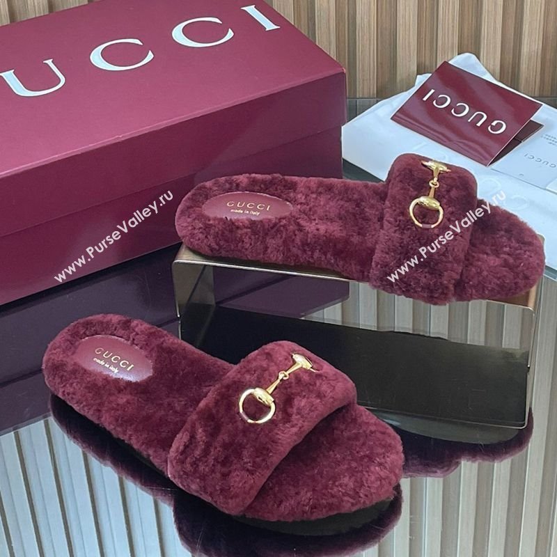 Gucci Merino Wool Flat Slides Sandal with Horsebit Dark Burgundy 2025 852385 (SS-251217094)