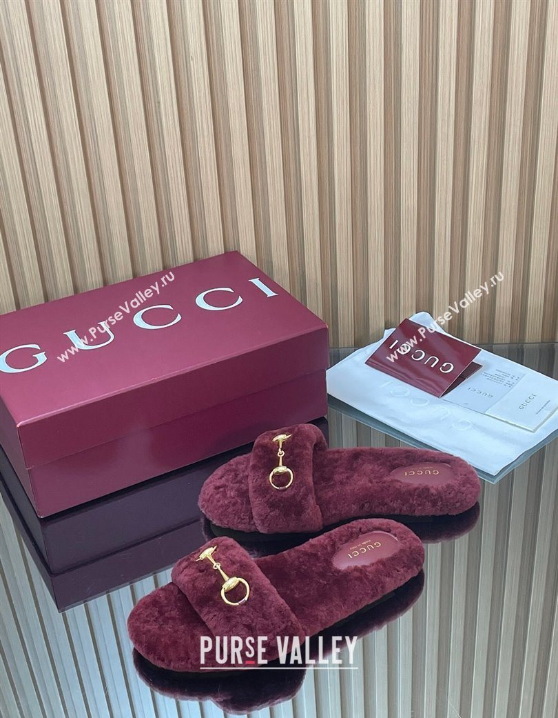 Gucci Merino Wool Flat Slides Sandal with Horsebit Dark Burgundy 2025 852385 (SS-251217094)