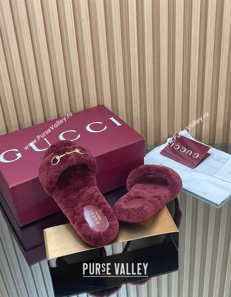 Gucci Merino Wool Flat Slides Sandal with Horsebit Dark Burgundy 2025 852385 (SS-251217094)