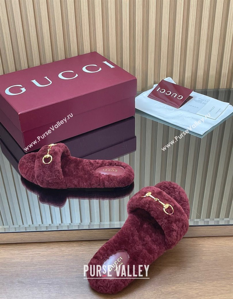 Gucci Merino Wool Flat Slides Sandal with Horsebit Dark Burgundy 2025 852385 (SS-251217094)