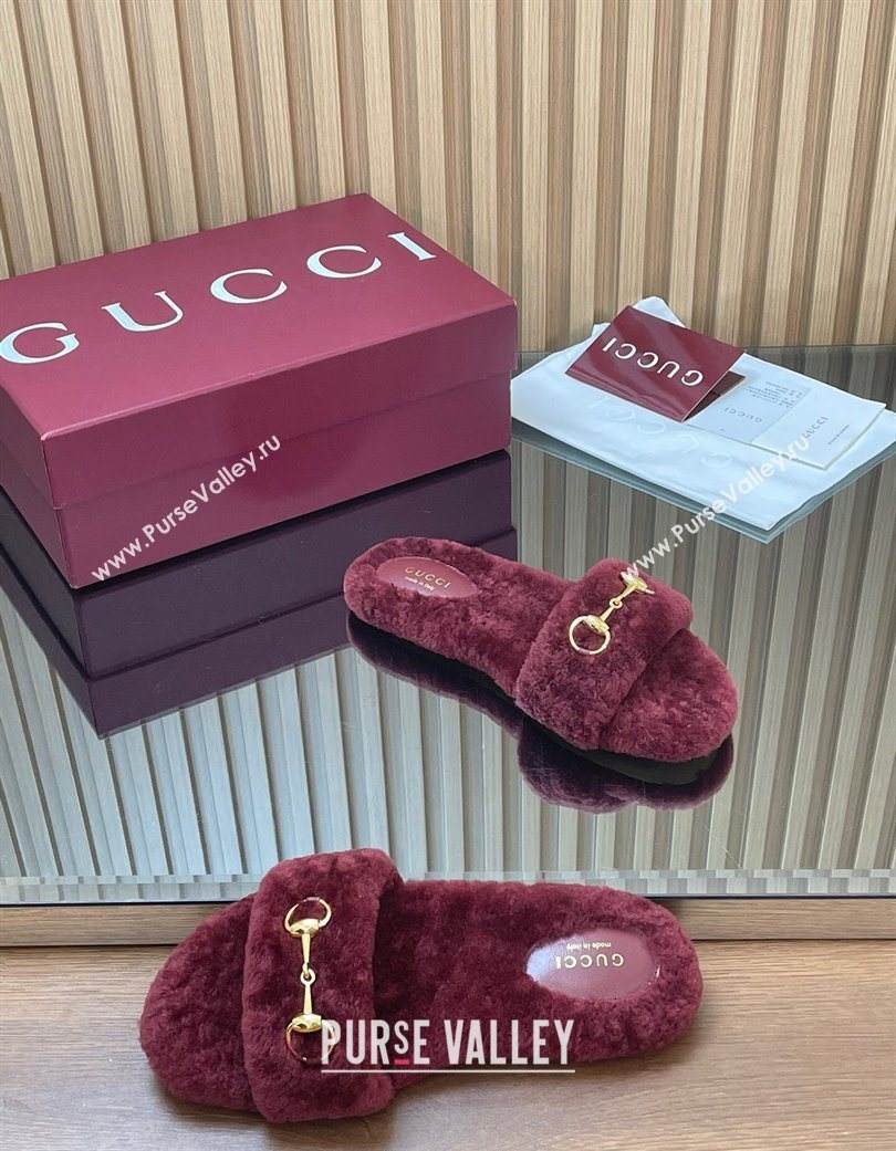 Gucci Merino Wool Flat Slides Sandal with Horsebit Dark Burgundy 2025 852385 (SS-251217094)