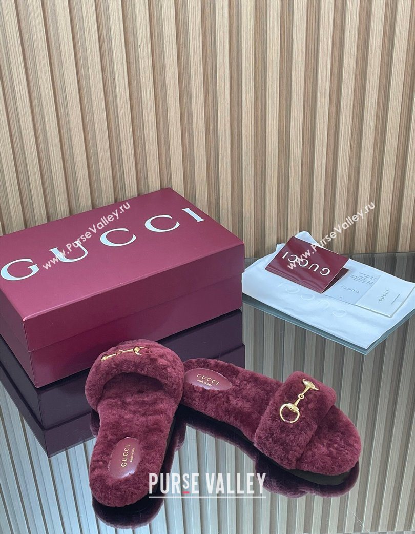 Gucci Merino Wool Flat Slides Sandal with Horsebit Dark Burgundy 2025 852385 (SS-251217094)