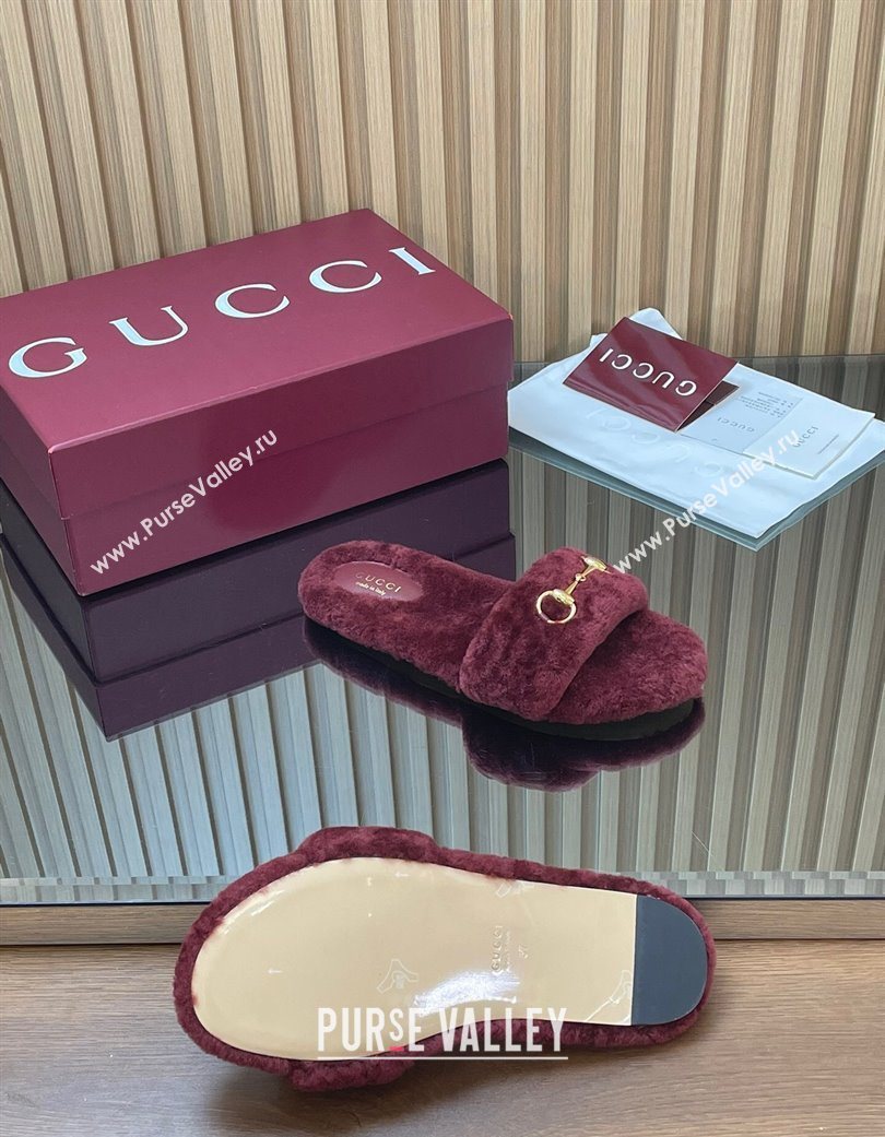 Gucci Merino Wool Flat Slides Sandal with Horsebit Dark Burgundy 2025 852385 (SS-251217094)
