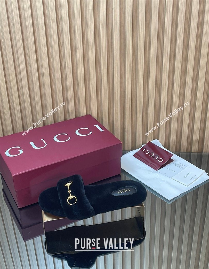 Gucci Merino Wool Flat Slides Sandal with Horsebit Black 2025 852385 (SS-251217095)