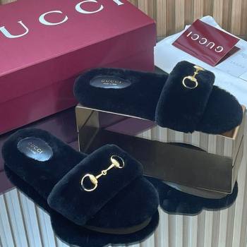 Gucci Merino Wool Flat Slides Sandal with Horsebit Black 2025 852385 (SS-251217095)