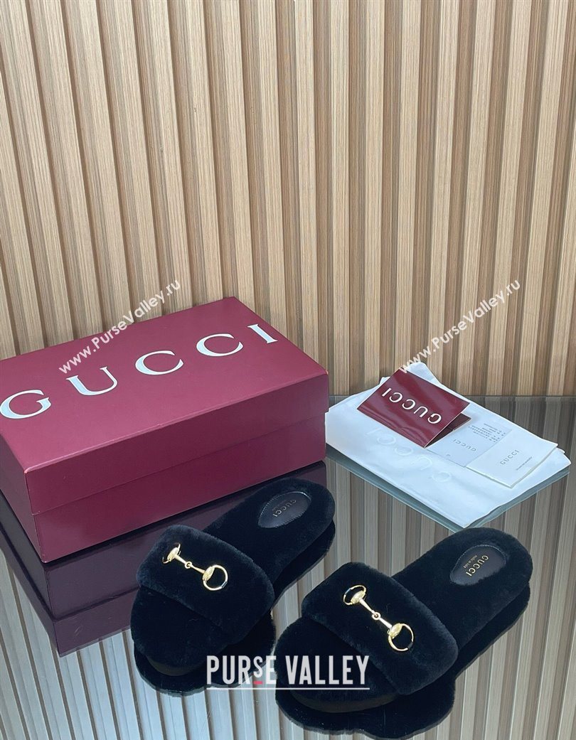 Gucci Merino Wool Flat Slides Sandal with Horsebit Black 2025 852385 (SS-251217095)