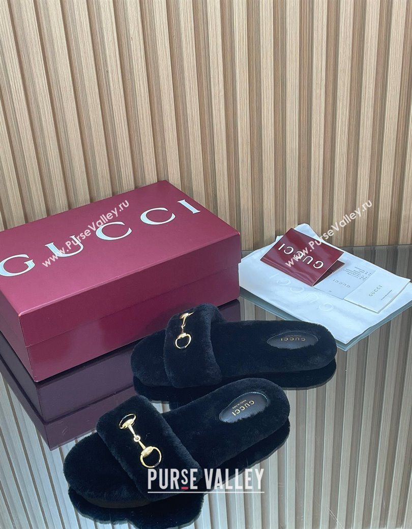 Gucci Merino Wool Flat Slides Sandal with Horsebit Black 2025 852385 (SS-251217095)