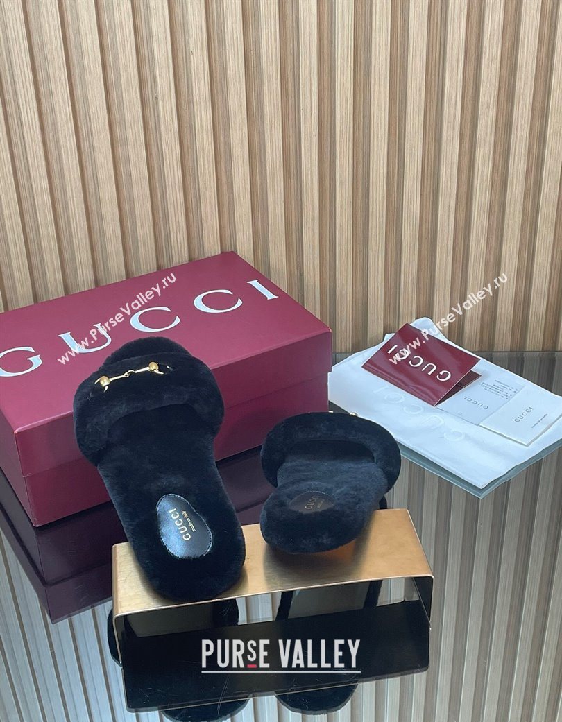 Gucci Merino Wool Flat Slides Sandal with Horsebit Black 2025 852385 (SS-251217095)