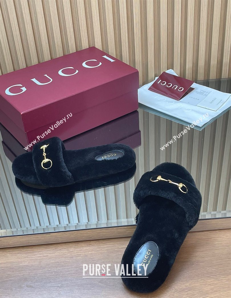 Gucci Merino Wool Flat Slides Sandal with Horsebit Black 2025 852385 (SS-251217095)