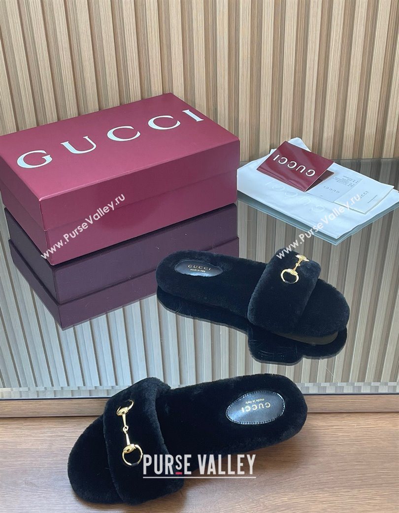 Gucci Merino Wool Flat Slides Sandal with Horsebit Black 2025 852385 (SS-251217095)