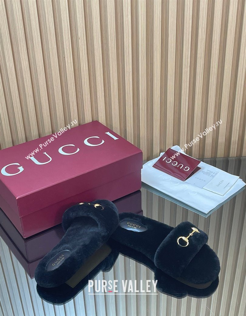 Gucci Merino Wool Flat Slides Sandal with Horsebit Black 2025 852385 (SS-251217095)
