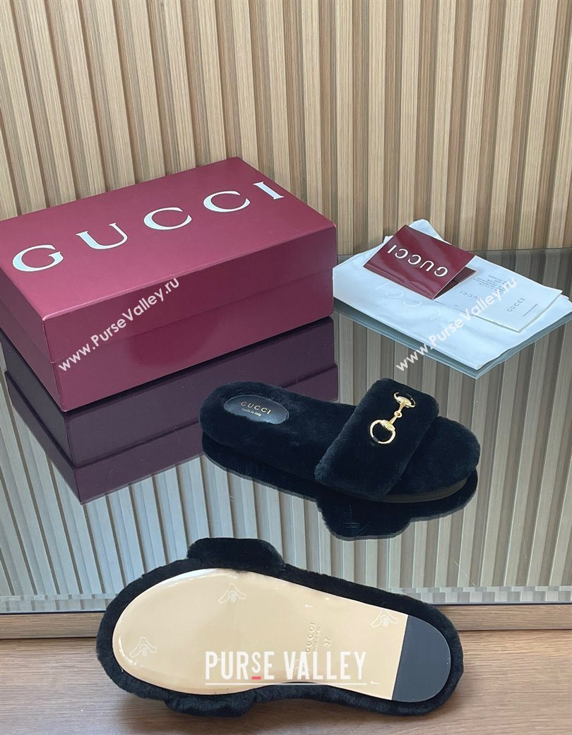 Gucci Merino Wool Flat Slides Sandal with Horsebit Black 2025 852385 (SS-251217095)