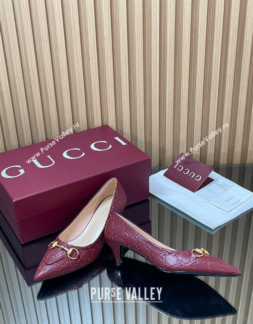 Gucci GG Leather Pumps 4.5cm with Horsebit Burgundy 2025 853466 (MD-251218064)