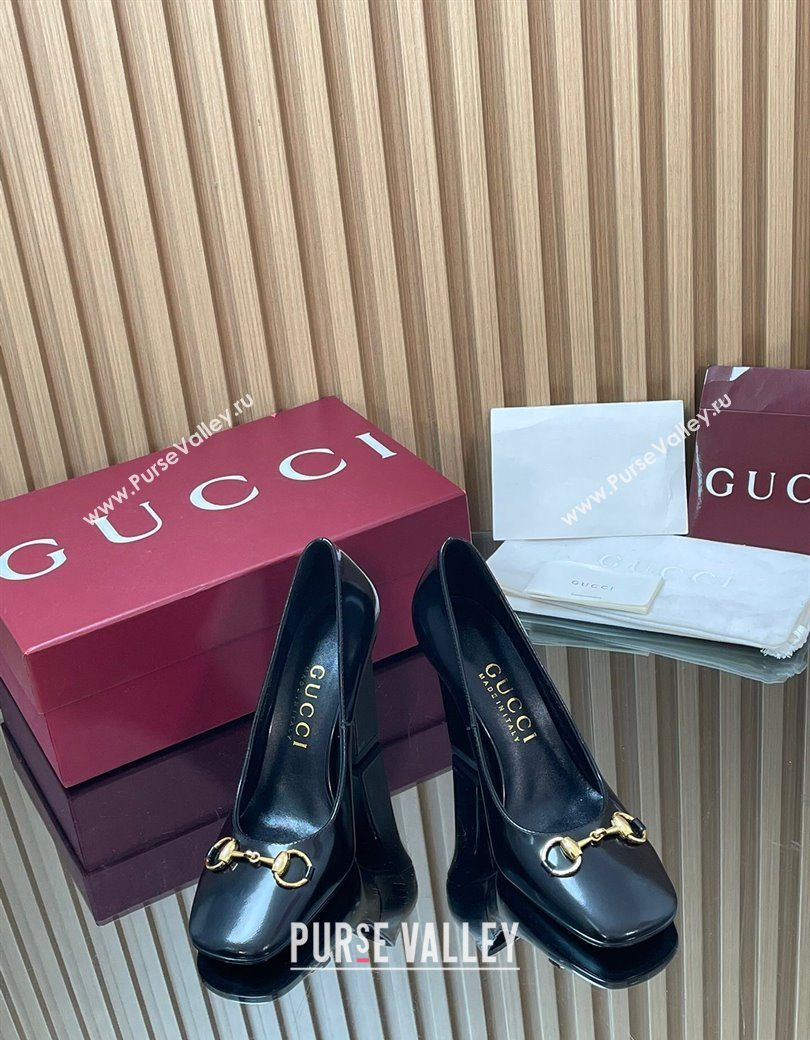 Gucci Shiny Leather Pumps 10cm with Horsebit Black 2025 GG121801 (MD-251218066)