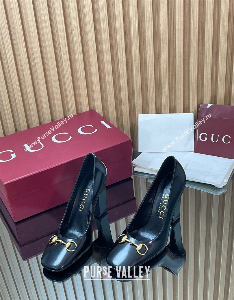 Gucci Shiny Leather Pumps 10cm with Horsebit Black 2025 GG121801 (MD-251218066)